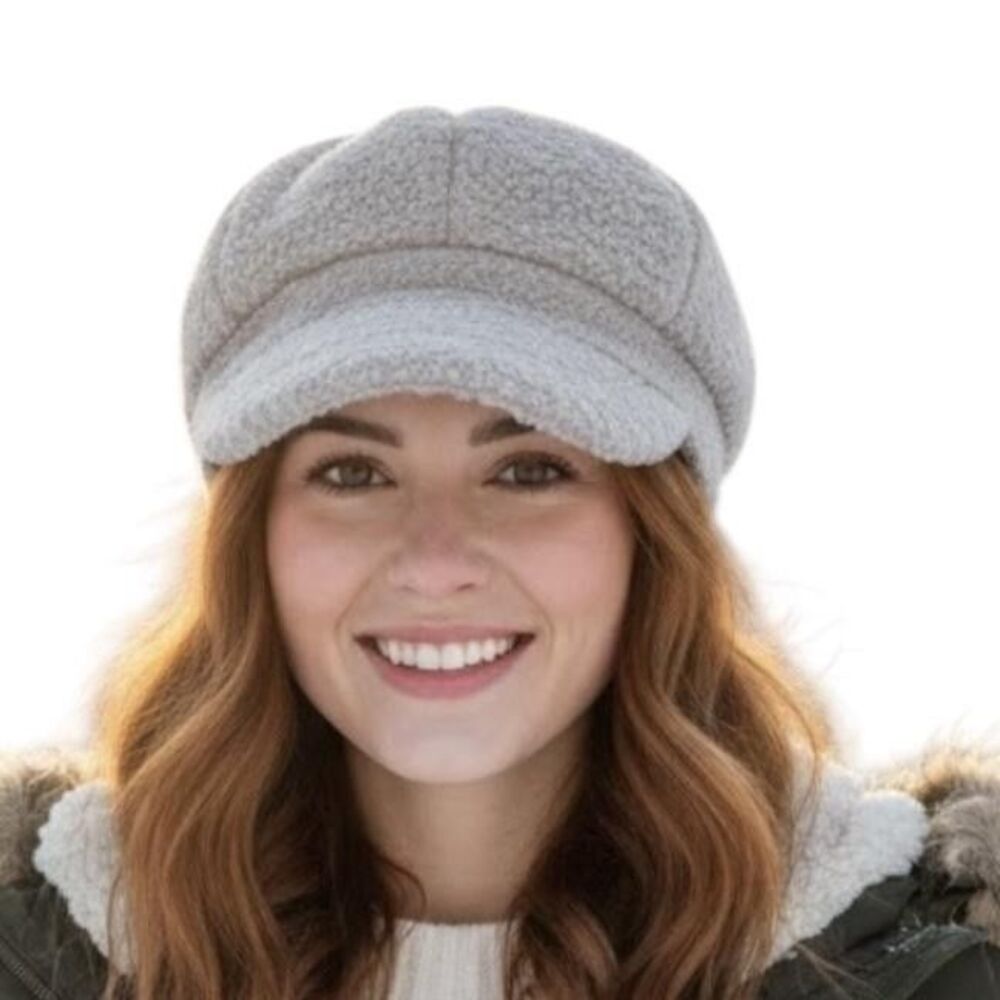 APT.9 Hat Newsboy Fitted Womens One Size Gray Boucle Faux Fur Winter Cap